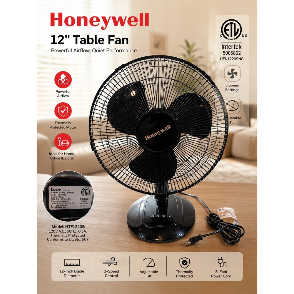 Honeywell HTF1220B 12 Inch Oscillating Table Fan Black Desk Fan 3-Speed HTF1220B